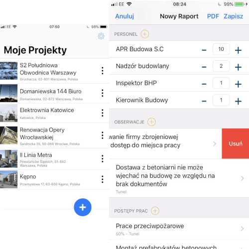Aplikacja do raportów dziennych - podwójny screenshot